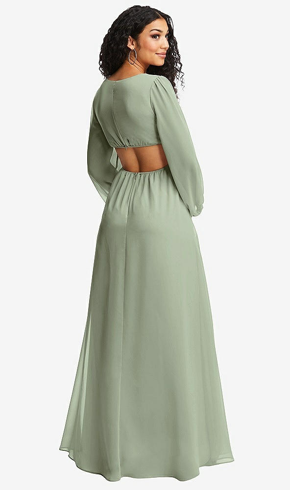 Back View - Sage Long Puff Sleeve Cutout Waist Chiffon Maxi Dress 