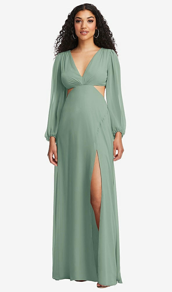 Front View - Seagrass Long Puff Sleeve Cutout Waist Chiffon Maxi Dress 