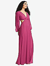 Side View Thumbnail - Tea Rose Long Puff Sleeve Cutout Waist Chiffon Maxi Dress 