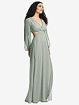 Side View Thumbnail - Willow Green Long Puff Sleeve Cutout Waist Chiffon Maxi Dress 