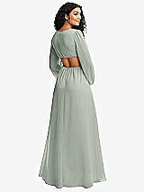 Rear View Thumbnail - Willow Green Long Puff Sleeve Cutout Waist Chiffon Maxi Dress 