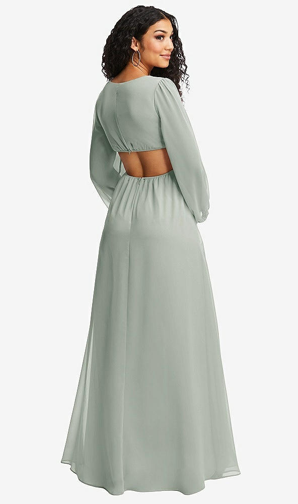 Back View - Willow Green Long Puff Sleeve Cutout Waist Chiffon Maxi Dress 