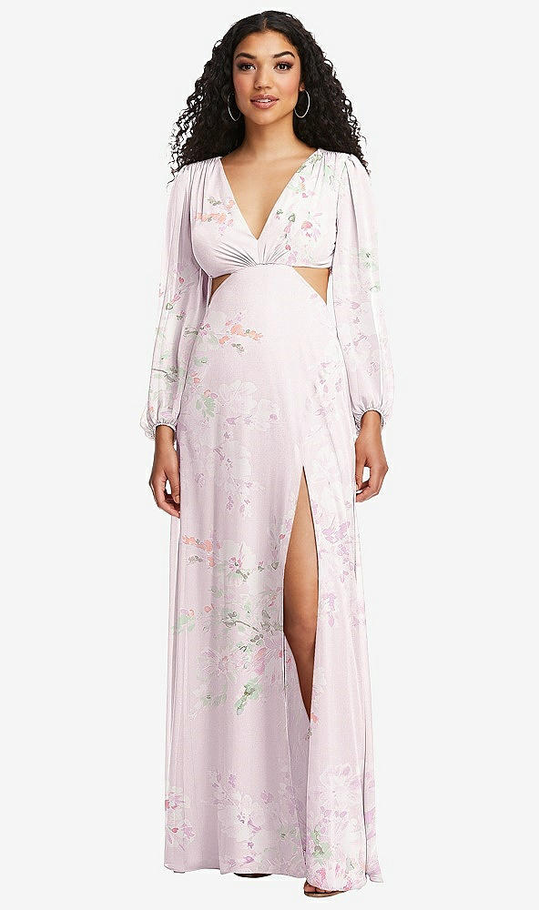 Front View - Watercolor Print Long Puff Sleeve Cutout Waist Chiffon Maxi Dress 