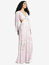 Side View Thumbnail - Watercolor Print Long Puff Sleeve Cutout Waist Chiffon Maxi Dress 