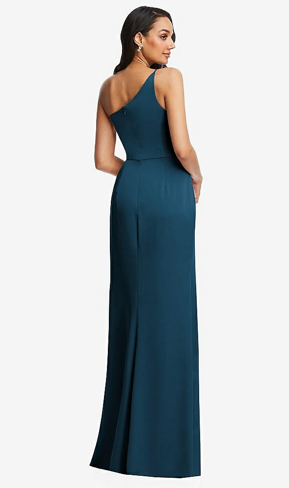 Back View - Atlantic Blue One-Shoulder Draped Skirt Satin Trumpet Gown