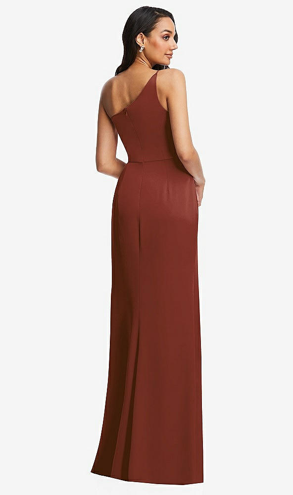 Back View - Auburn Moon One-Shoulder Draped Skirt Satin Trumpet Gown