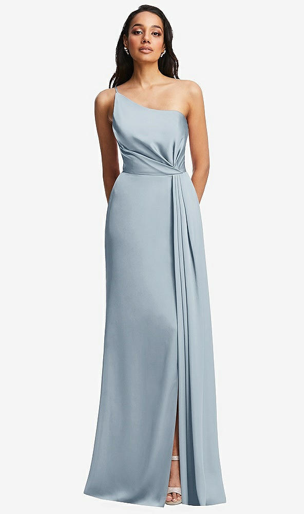 Front View - Mist One-Shoulder Draped Skirt Satin Trumpet Gown