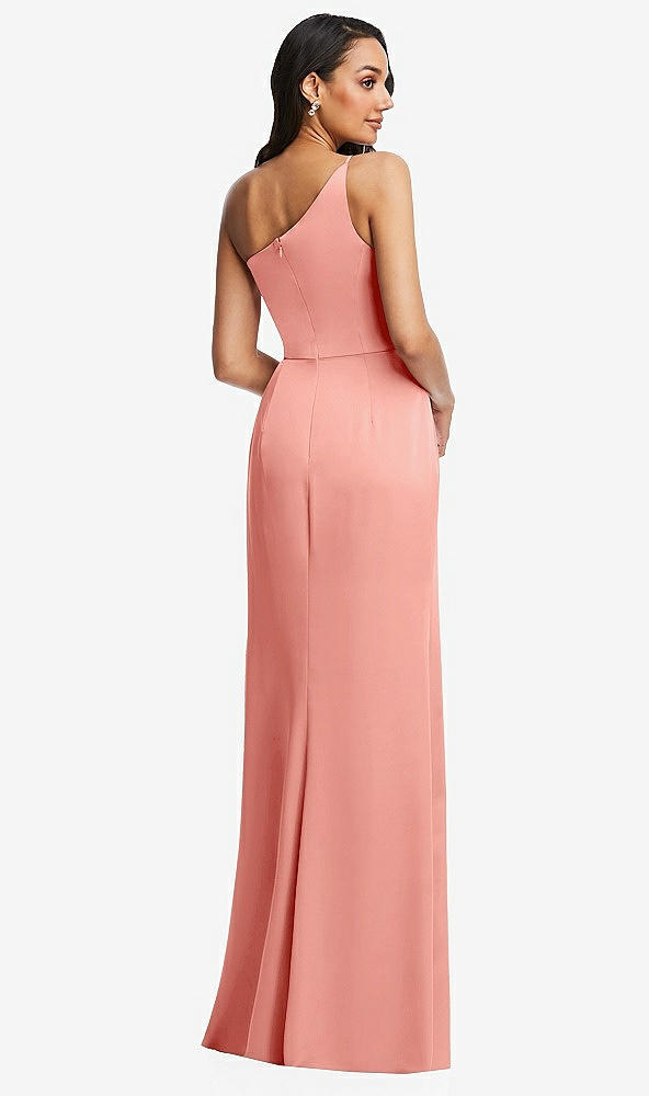 Back View - Rose - PANTONE Rose Quartz One-Shoulder Draped Skirt Satin Trumpet Gown