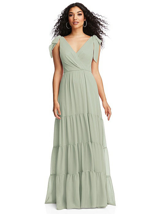 Bow-Shoulder Faux Wrap Maxi Dress with Tiered Skirt