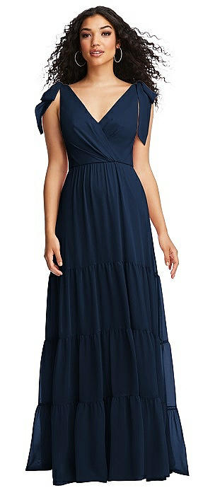 Bow-Shoulder Faux Wrap Maxi Dress with Tiered Skirt