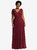 Alt View 1 Thumbnail - Burgundy Bow-Shoulder Faux Wrap Maxi Dress with Tiered Skirt