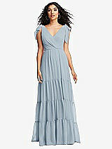 Front View Thumbnail - Mist Bow-Shoulder Faux Wrap Maxi Dress with Tiered Skirt