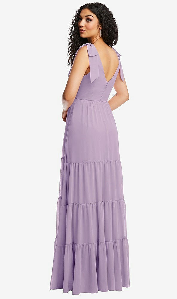 Back View - Pale Purple Bow-Shoulder Faux Wrap Maxi Dress with Tiered Skirt