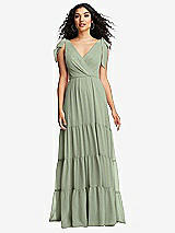 Front View Thumbnail - Sage Bow-Shoulder Faux Wrap Maxi Dress with Tiered Skirt