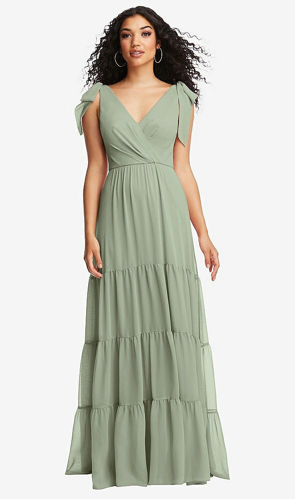 Front View - Sage Bow-Shoulder Faux Wrap Maxi Dress with Tiered Skirt