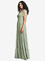 Side View Thumbnail - Sage Bow-Shoulder Faux Wrap Maxi Dress with Tiered Skirt