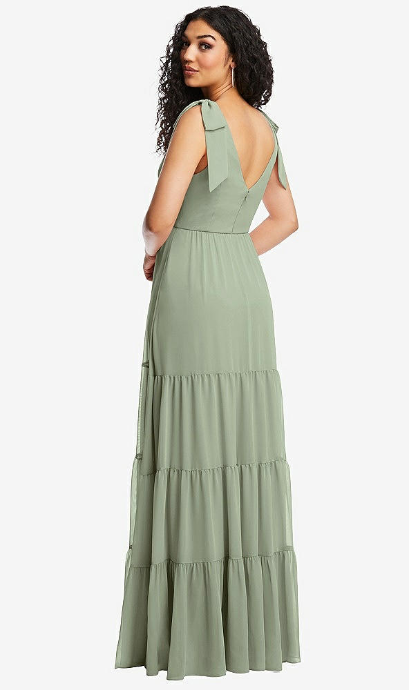 Back View - Sage Bow-Shoulder Faux Wrap Maxi Dress with Tiered Skirt