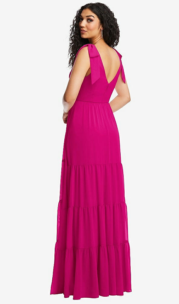 Back View - Think Pink Bow-Shoulder Faux Wrap Maxi Dress with Tiered Skirt