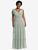 Alt View 1 Thumbnail - Willow Green Bow-Shoulder Faux Wrap Maxi Dress with Tiered Skirt