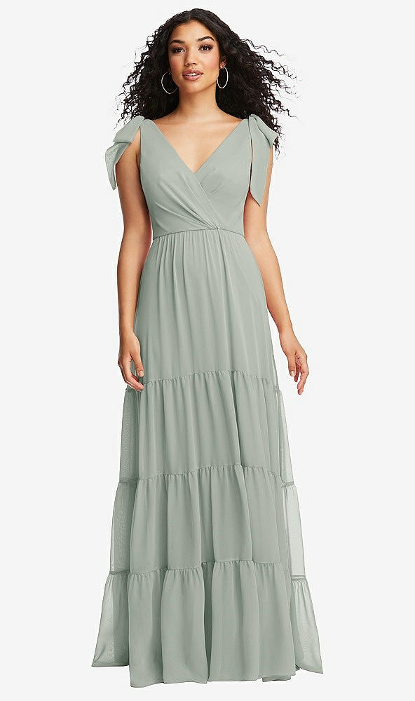 Front View - Willow Green Bow-Shoulder Faux Wrap Maxi Dress with Tiered Skirt