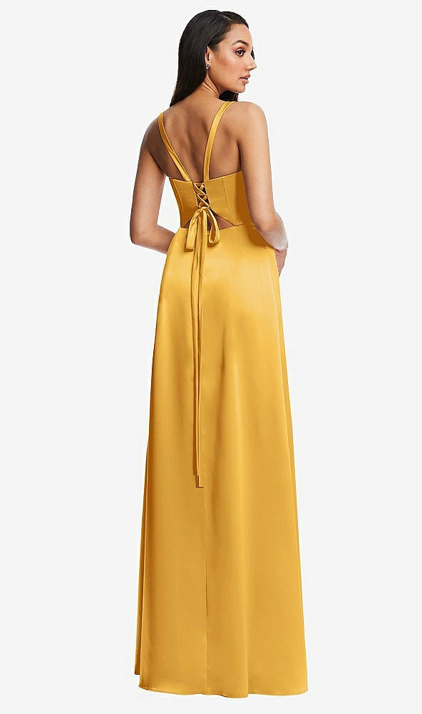 Back View - NYC Yellow Lace Up Tie-Back Corset Maxi Dress with Front Slit