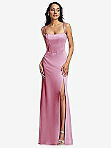 Front View Thumbnail - Powder Pink Lace Up Tie-Back Corset Maxi Dress with Front Slit