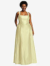 Alt View 1 Thumbnail - Butter Yellow Boned Corset Closed-Back Satin Gown with Full Skirt and Pockets