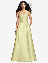 Front View Thumbnail - Butter Yellow Boned Corset Closed-Back Satin Gown with Full Skirt and Pockets