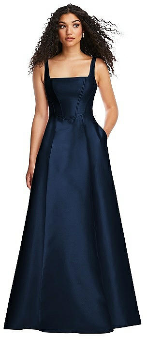 Boned Corset Closed-Back Satin Gown with Full Skirt and Pockets