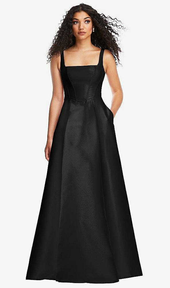 Front View - Black Boned Corset Closed-Back Satin Gown with Full Skirt and Pockets