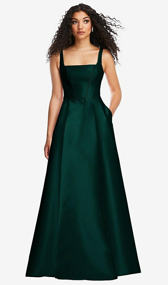 Front View - Evergreen Boned Corset Closed-Back Satin Gown with Full Skirt and Pockets