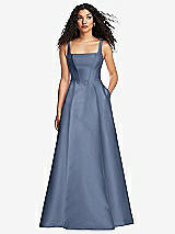 Front View Thumbnail - Larkspur Blue Boned Corset Closed-Back Satin Gown with Full Skirt and Pockets