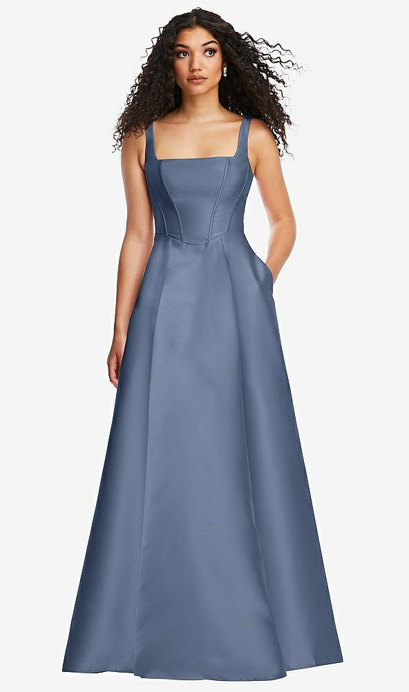 Front View - Larkspur Blue Boned Corset Closed-Back Satin Gown with Full Skirt and Pockets