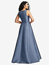 Rear View Thumbnail - Larkspur Blue Boned Corset Closed-Back Satin Gown with Full Skirt and Pockets