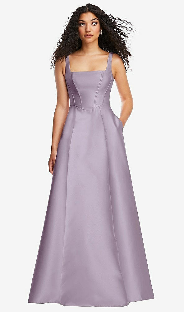 Front View - Lilac Haze Boned Corset Closed-Back Satin Gown with Full Skirt and Pockets