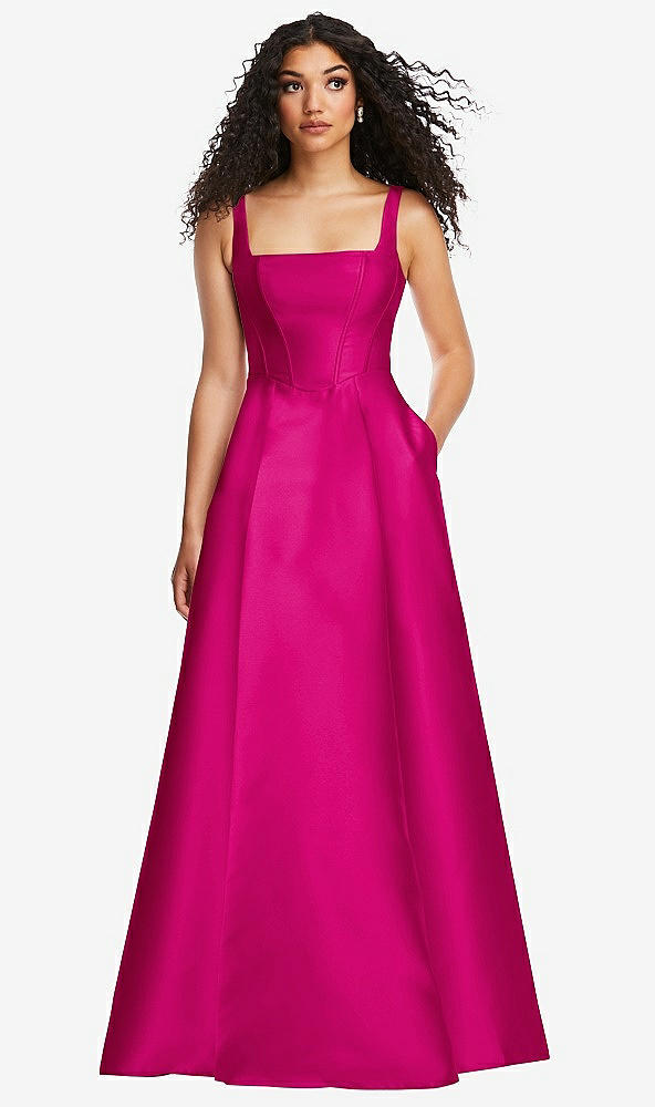 Front View - Think Pink Boned Corset Closed-Back Satin Gown with Full Skirt and Pockets