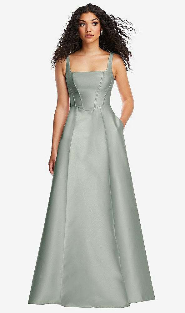 Front View - Willow Green Boned Corset Closed-Back Satin Gown with Full Skirt and Pockets