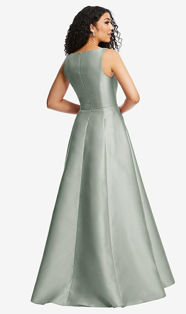 Back View - Willow Green Boned Corset Closed-Back Satin Gown with Full Skirt and Pockets