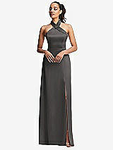 Front View Thumbnail - Caviar Gray Shawl Collar Open-Back Halter Maxi Dress with Pockets