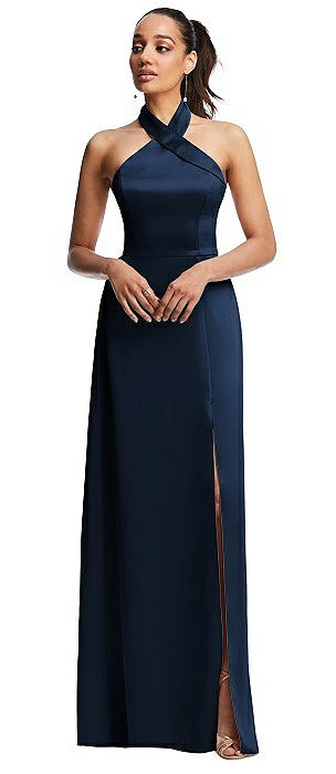 Shawl Collar Open-Back Halter Maxi Dress with Pockets