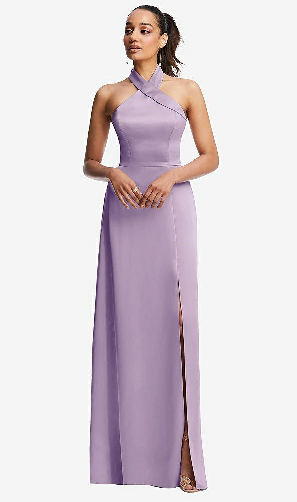 Front View - Pale Purple Shawl Collar Open-Back Halter Maxi Dress with Pockets