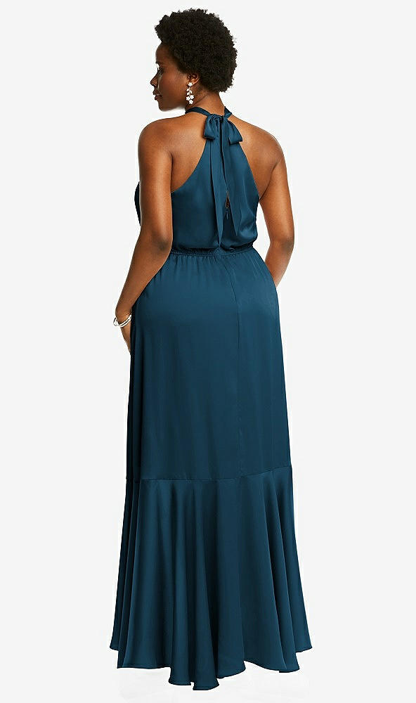 Back View - Atlantic Blue Tie-Neck Halter Maxi Dress with Asymmetric Cascade Ruffle Skirt