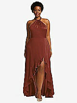 Front View Thumbnail - Auburn Moon Tie-Neck Halter Maxi Dress with Asymmetric Cascade Ruffle Skirt