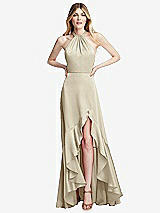 Alt View 1 Thumbnail - Champagne Tie-Neck Halter Maxi Dress with Asymmetric Cascade Ruffle Skirt