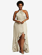 Alt View 4 Thumbnail - Champagne Tie-Neck Halter Maxi Dress with Asymmetric Cascade Ruffle Skirt