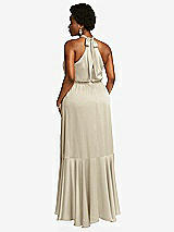 Rear View Thumbnail - Champagne Tie-Neck Halter Maxi Dress with Asymmetric Cascade Ruffle Skirt