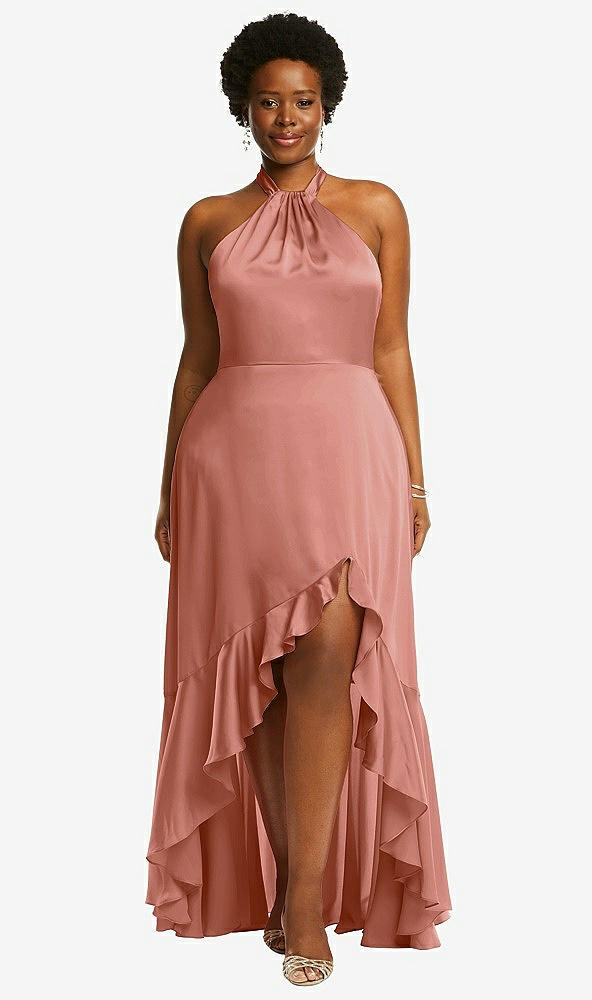 Front View - Desert Rose Tie-Neck Halter Maxi Dress with Asymmetric Cascade Ruffle Skirt