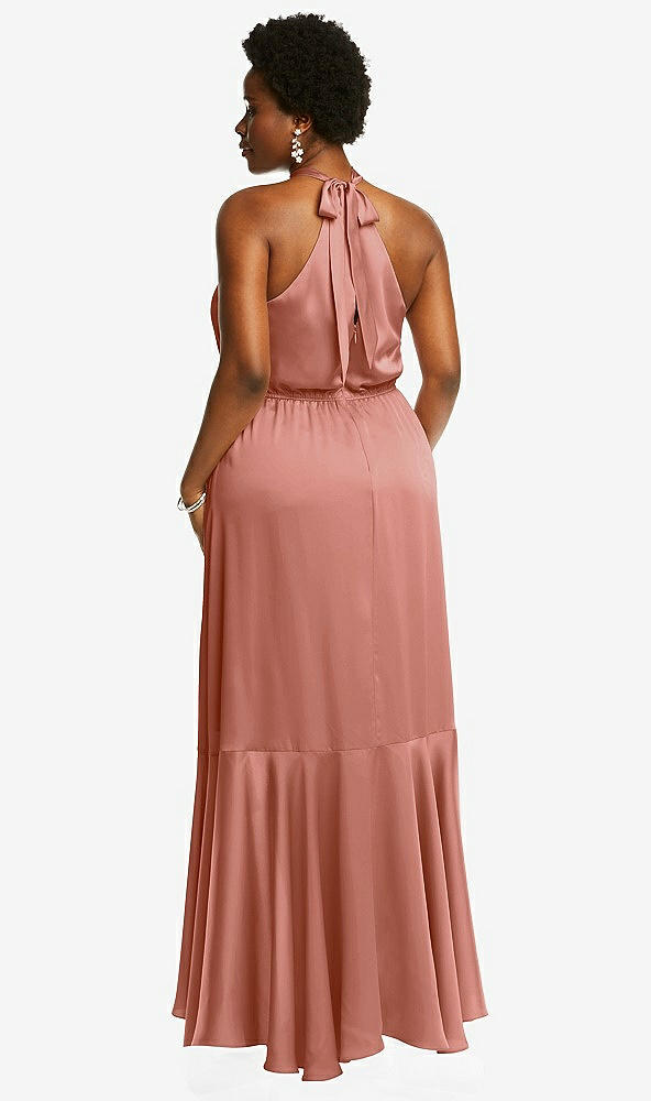 Back View - Desert Rose Tie-Neck Halter Maxi Dress with Asymmetric Cascade Ruffle Skirt