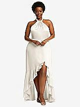 Alt View 4 Thumbnail - Ivory Tie-Neck Halter Maxi Dress with Asymmetric Cascade Ruffle Skirt