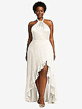 Front View Thumbnail - Ivory Tie-Neck Halter Maxi Dress with Asymmetric Cascade Ruffle Skirt